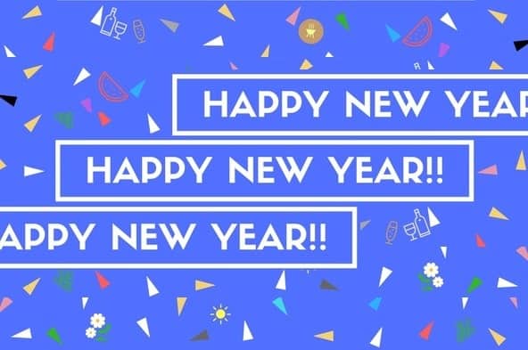 Blue Happy New Year graphic with confetti and celebratory icons.