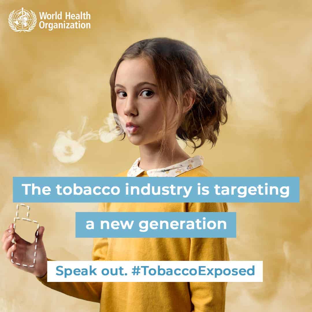 WHO campaign image showing a young girl with smoke and an anti-tobacco message.