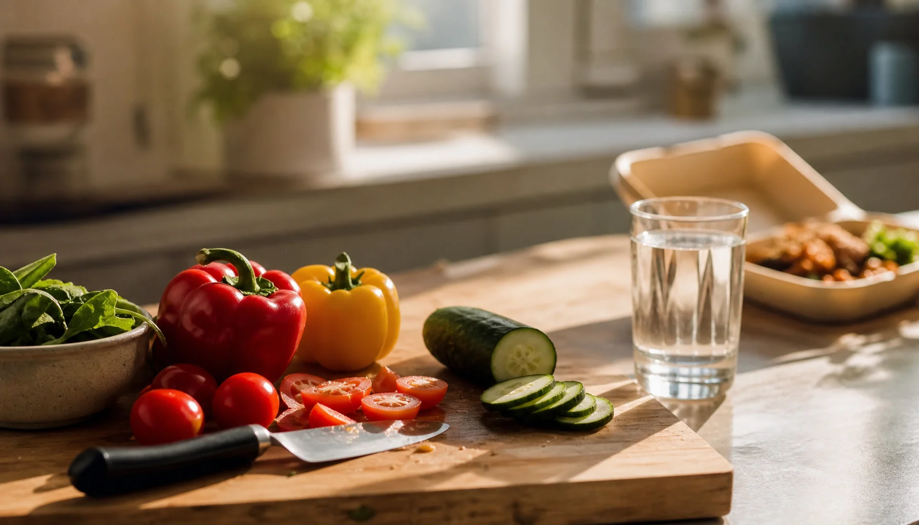Kitchen counter with fresh vegetables being prepared, old takeaway container pushed aside