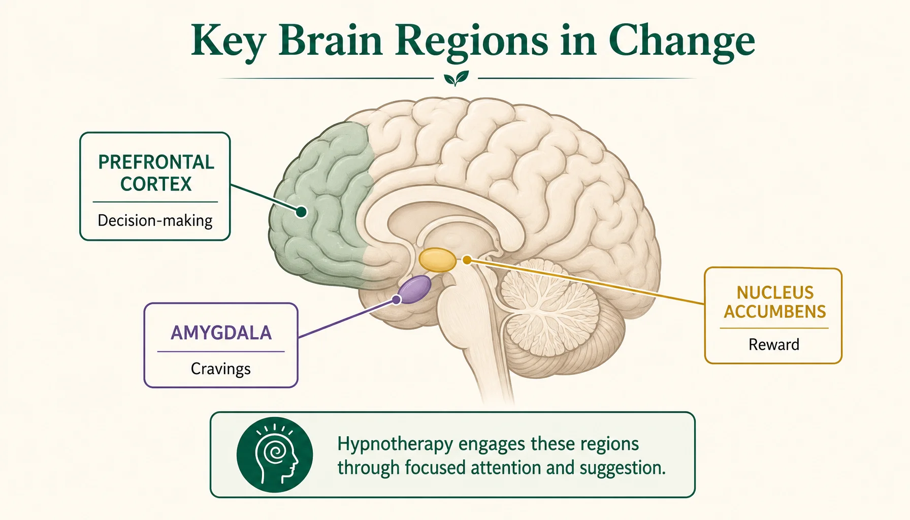 Diagram of brain regions involved in nicotine addiction with labels showing how hypnotherapy engages each area