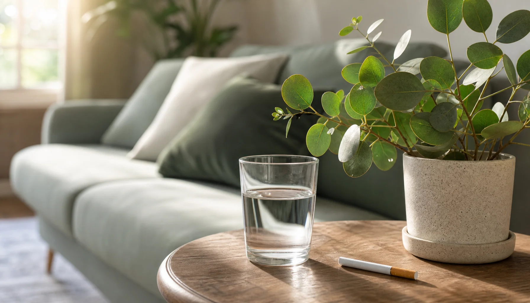 A calm morning scene with an untouched cigarette beside a thriving Australian native plant in soft window light, symbolising the choice to stop smoking