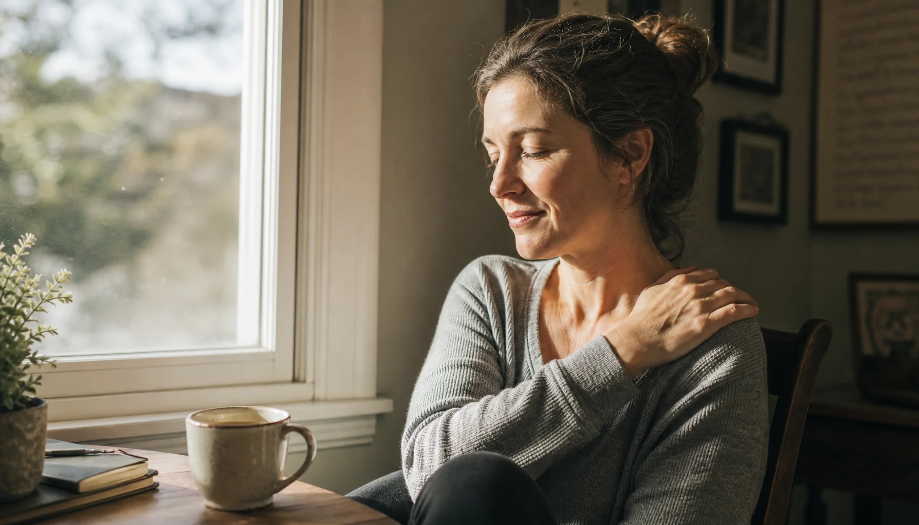 Person in quiet relief by sunlit window, representing chronic pain management