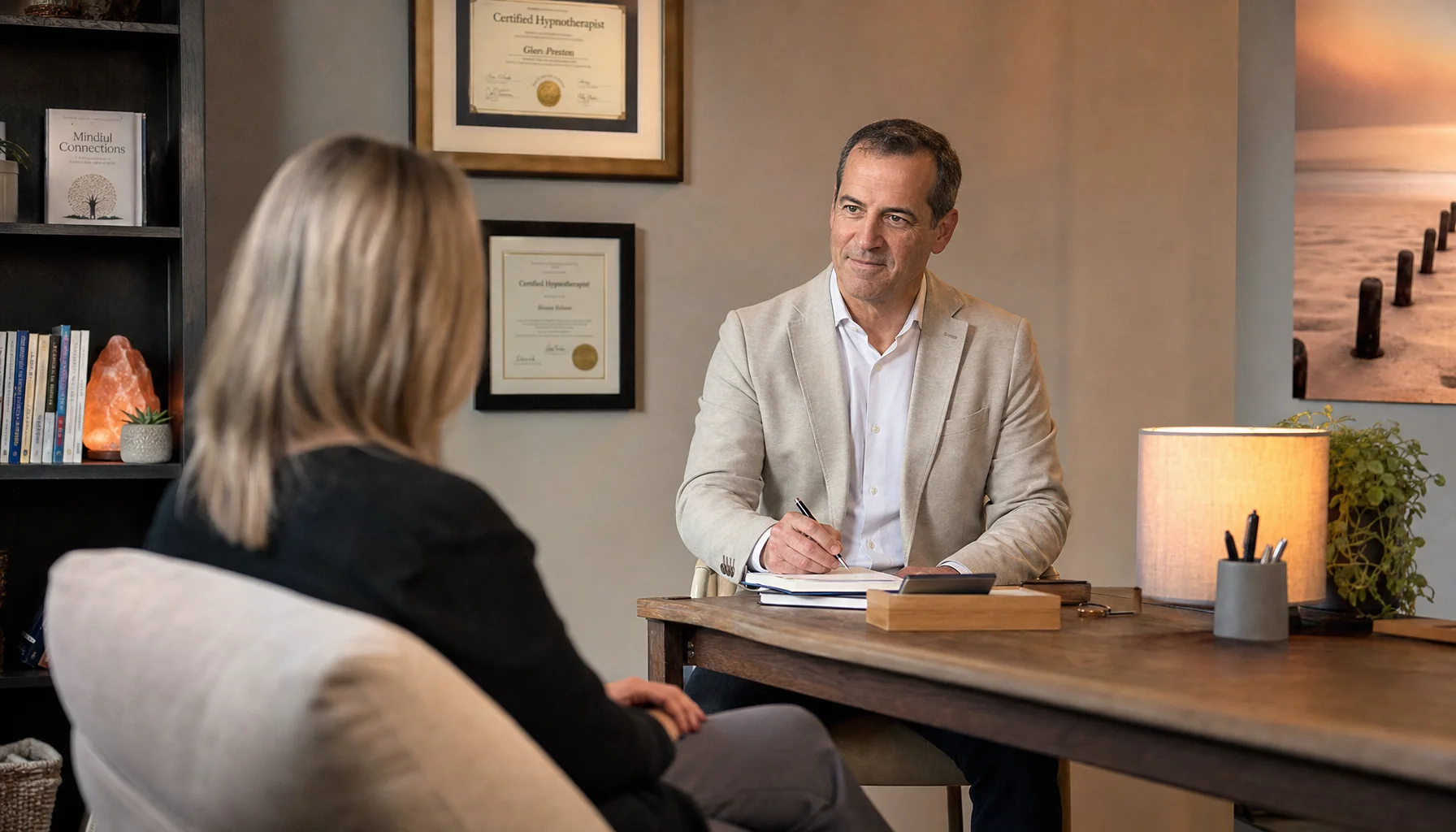 Certified hypnotherapist consulting with a client in a comfortable Melbourne office