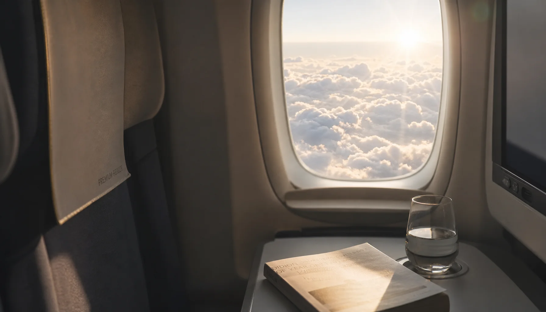 Calm view from airplane window at cruising altitude with sunlight through clouds