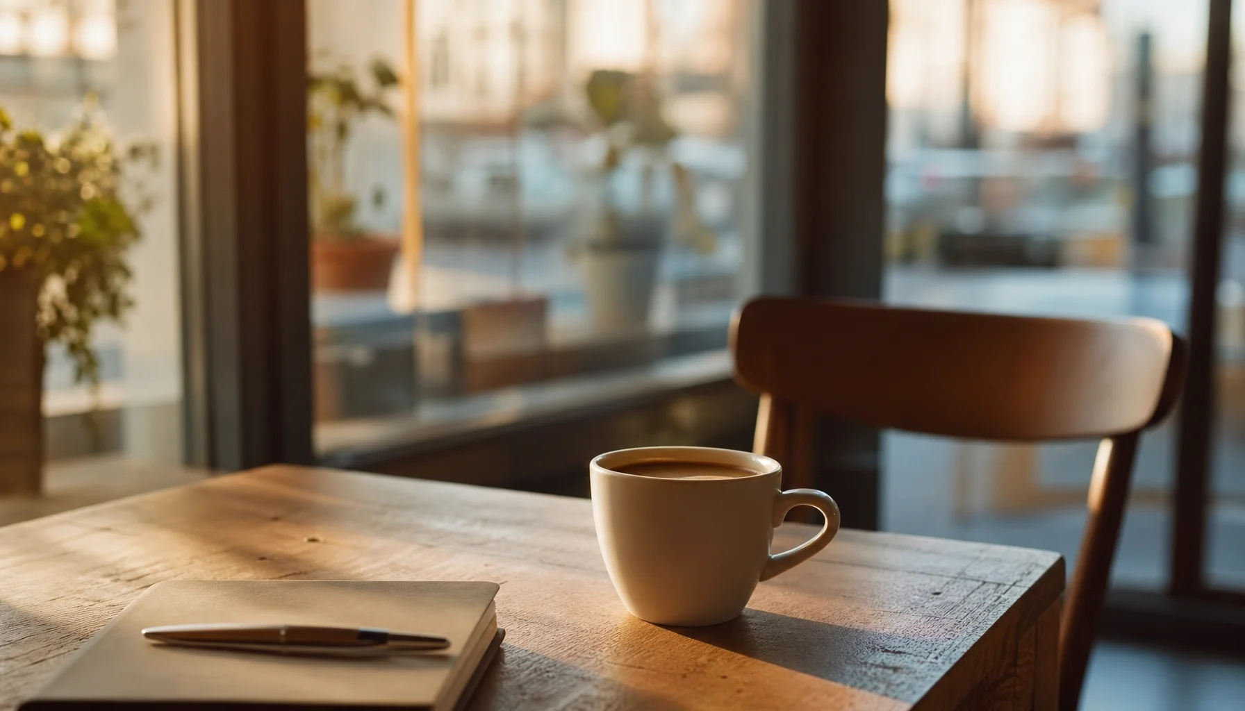 Empty café table with coffee cup, no ashtray, a new morning routine