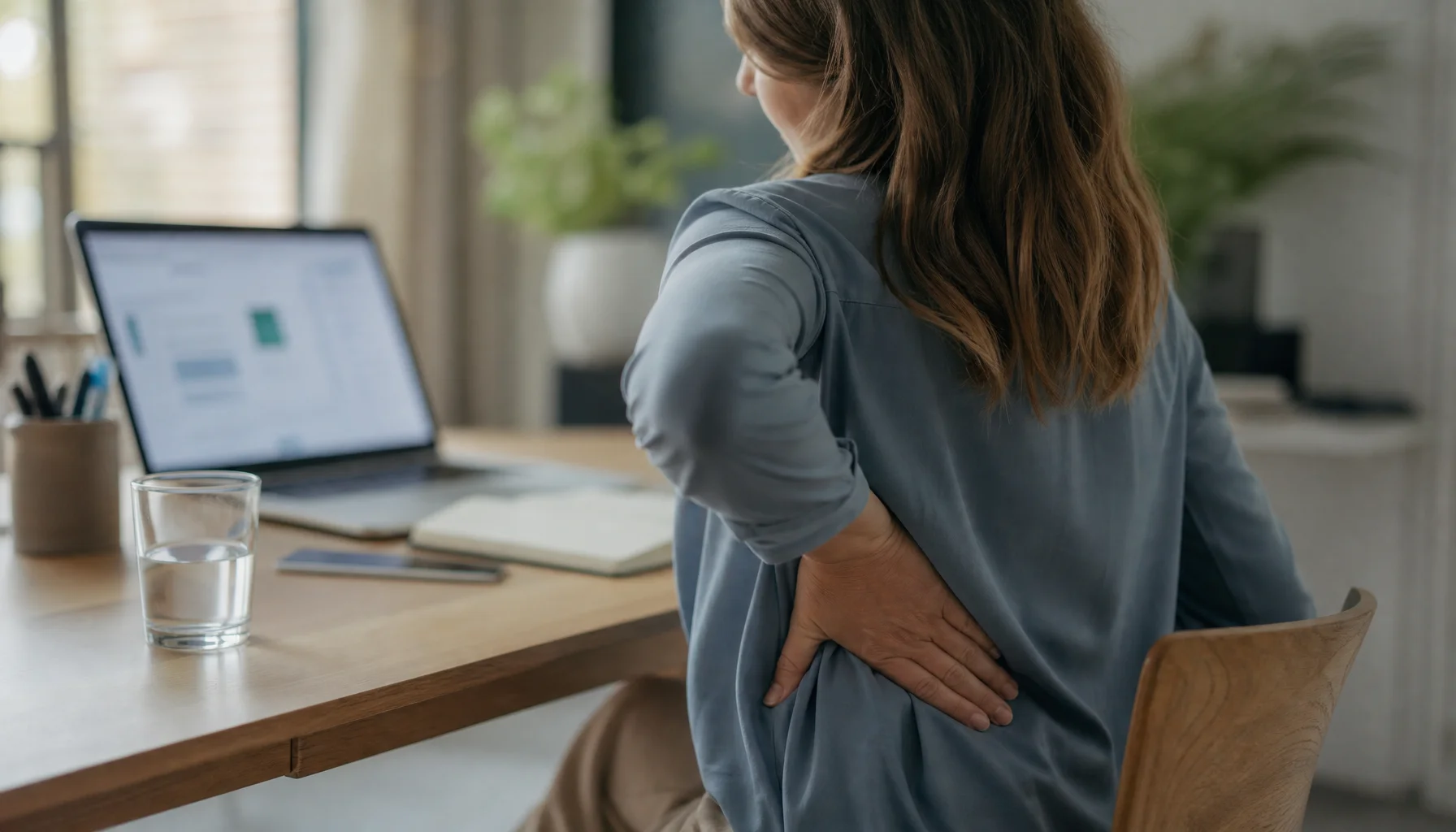 Person at desk with hand on lower back, representing chronic pain management