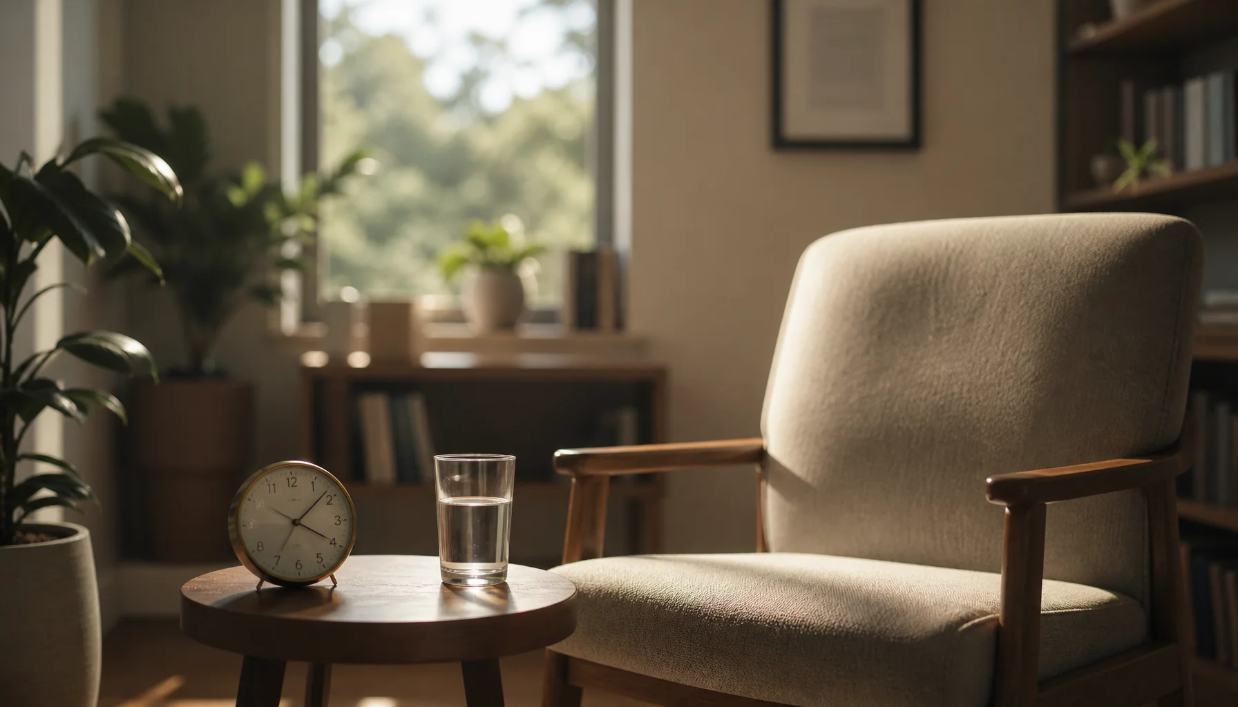 Calm therapy room with morning light and comfortable chair