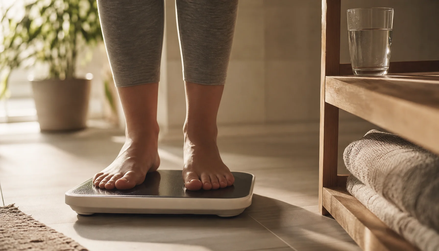 Feet on bathroom scales in morning light, representing healthy weight management