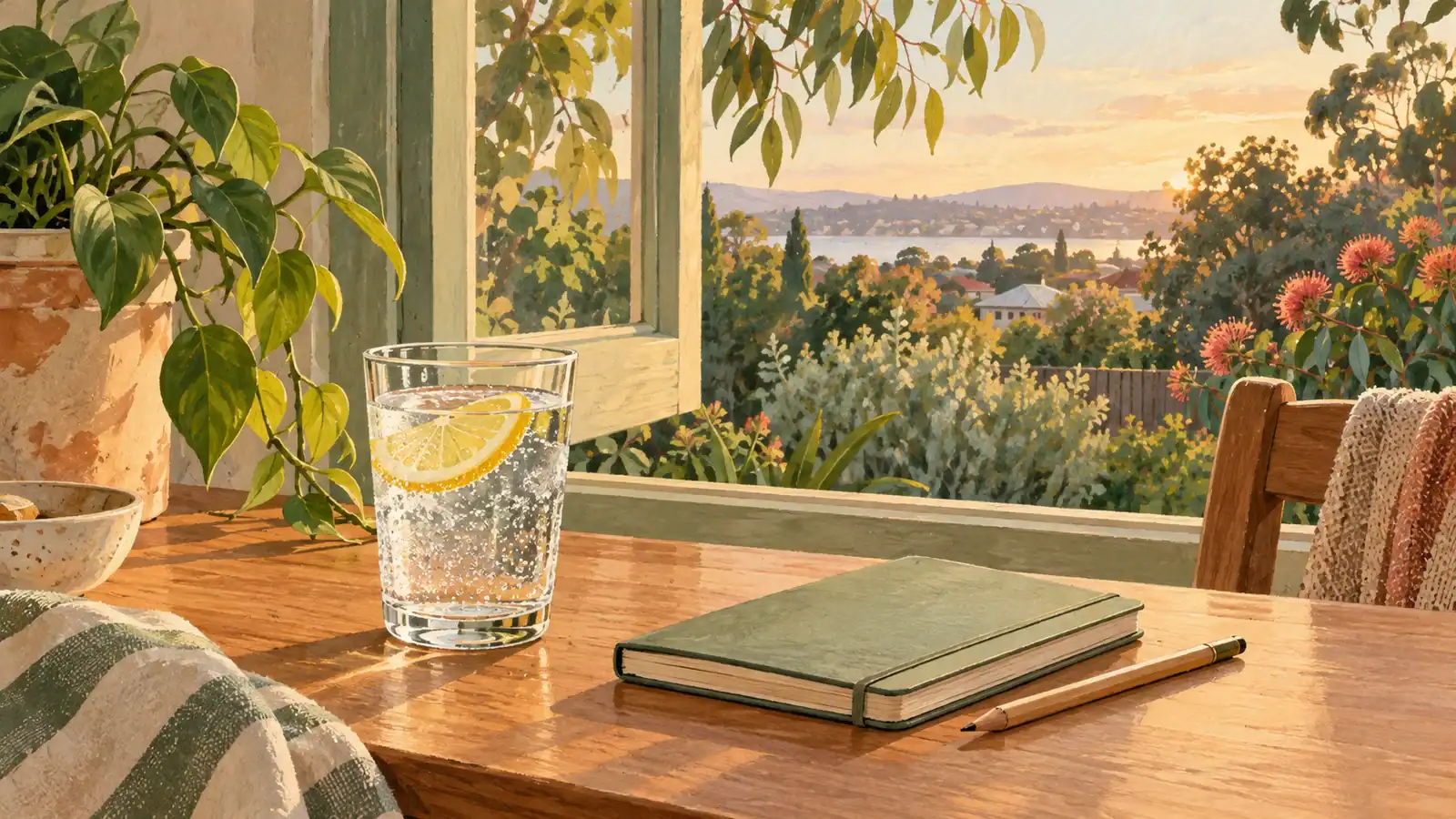Illustration of sparkling water and a notebook beside a sunlit window