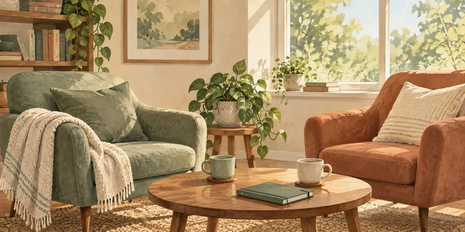 Illustration of two chairs and a notebook in a calm family living room